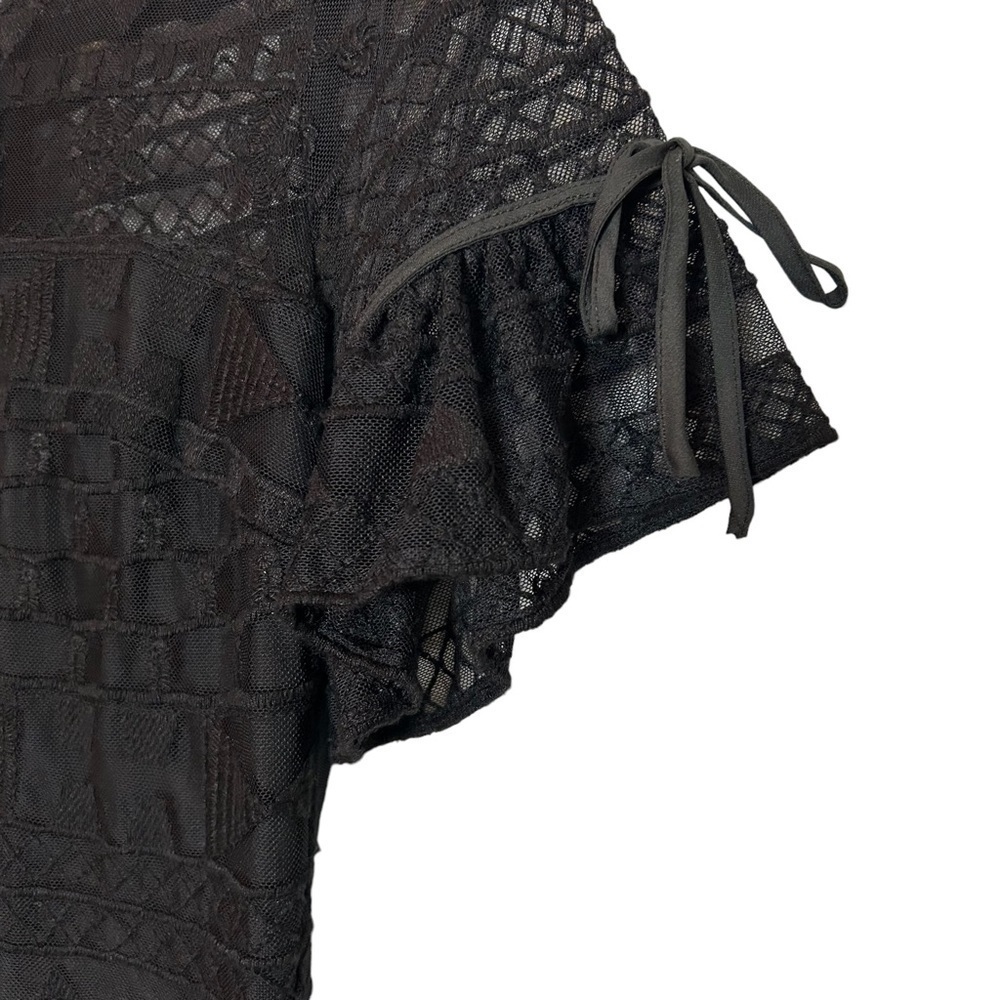 Parker Short Sleeve Lace & Lace Up Front Tiered Ruffled BLACK Lined Midi Dress - Picture 5 of 16